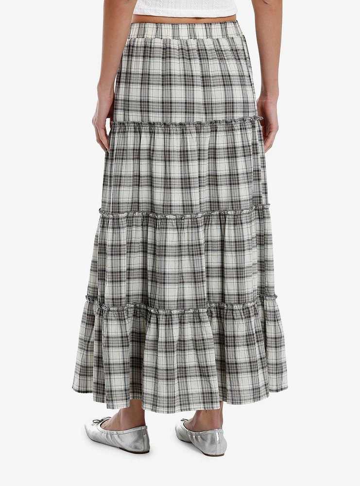 Green & White Plaid Tiered Maxi Skirt