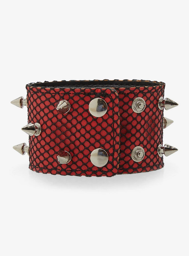 Social Collision Red Faux Leather Fishnet Spike Cuff Bracelet