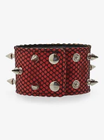 Social Collision Red Faux Leather Fishnet Spike Cuff Bracelet