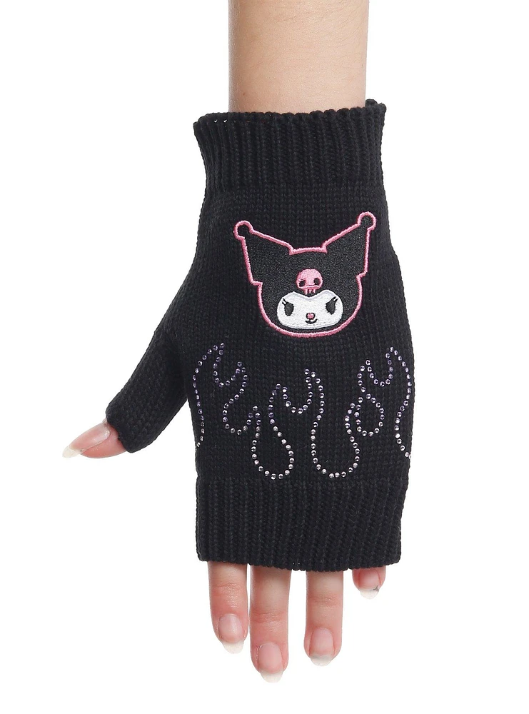 Kuromi Rhinestone Flames Fingerless Gloves