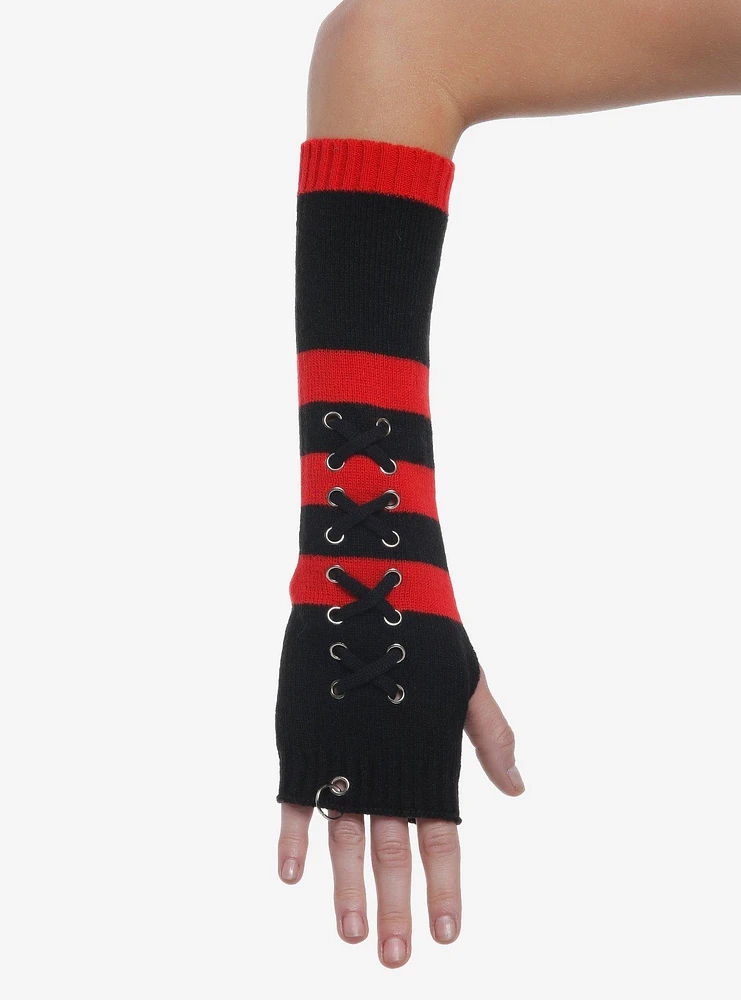 Red & Black Stripe Crisscross Arm Warmers