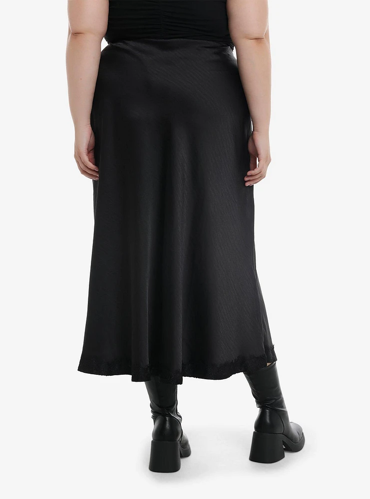 Social Collision Black Satin Slit Midi Skirt Plus