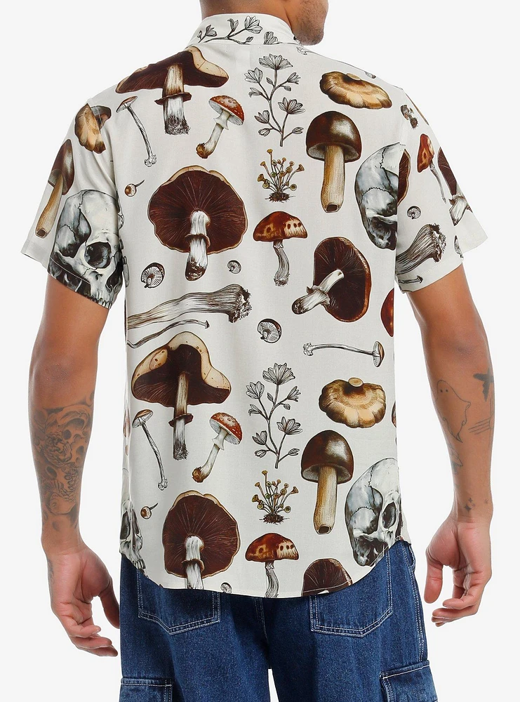 Mushrooms & Skulls Allover Print Woven Button-Up