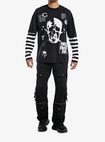 Social Collision Skull Patches Stripe Twofer Long-Sleeve T-Shirt