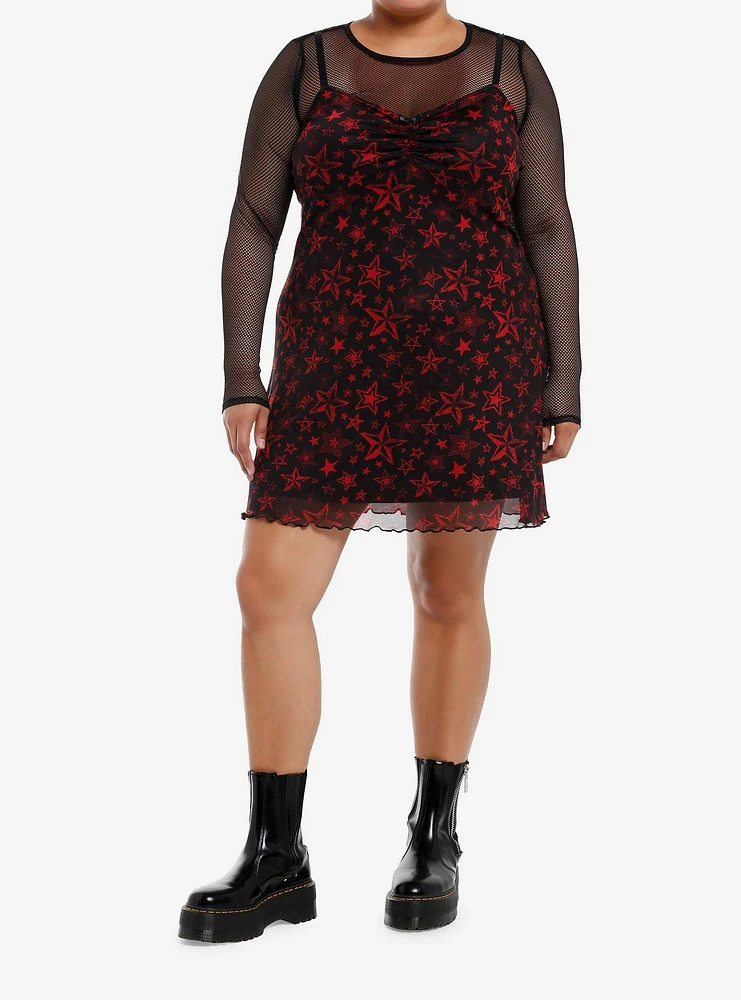 Social Collision Red Star Mesh Girls Twofer Dress Plus