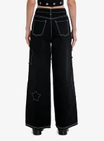 Black Frayed Star Patch Wide Leg Pants