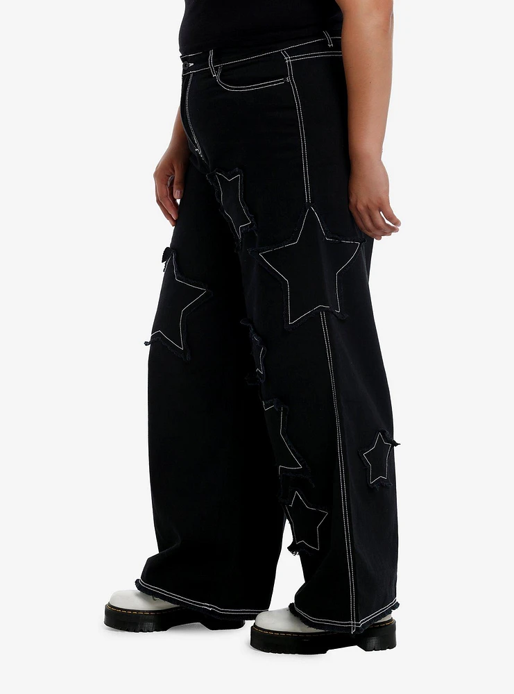 Black Frayed Star Patch Wide Leg Pants Plus