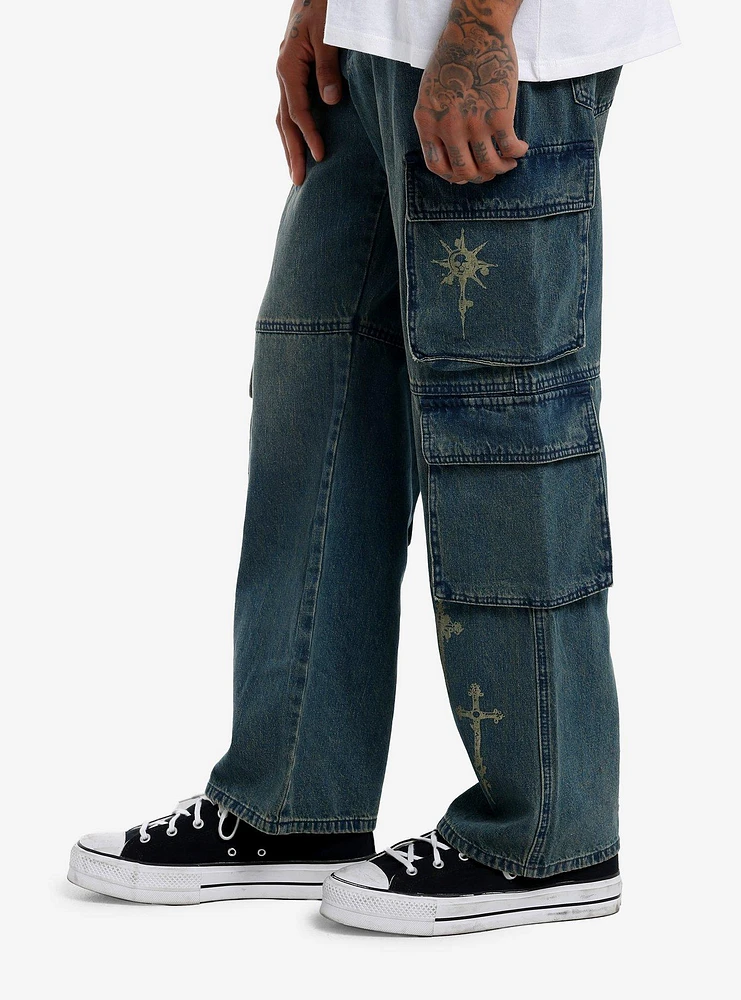 Indigo Crosses Cargo Pocket Denim Pants