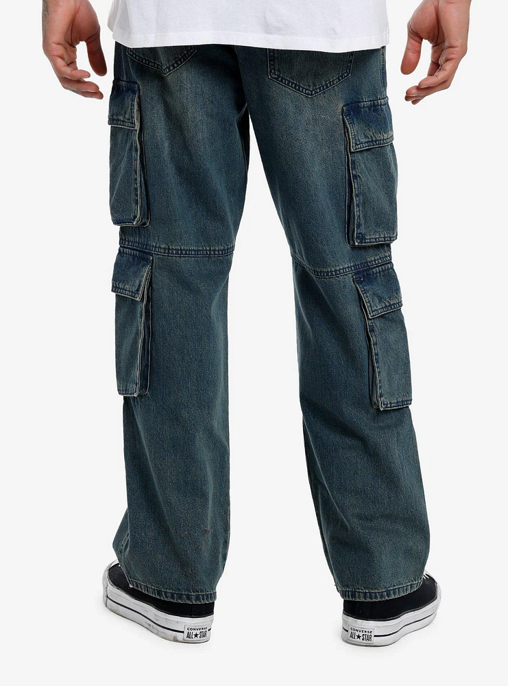 Indigo Crosses Cargo Pocket Denim Pants