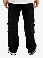 Black & White Contrast Stitch Grommet Strap Cargo Pants