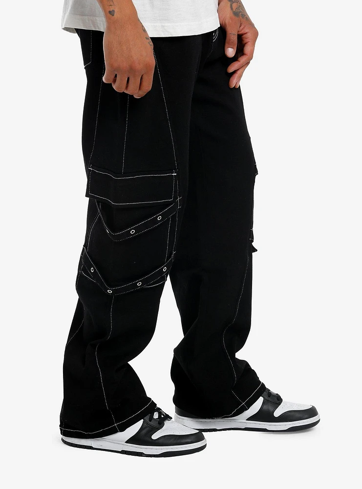 Black & White Contrast Stitch Grommet Strap Cargo Pants