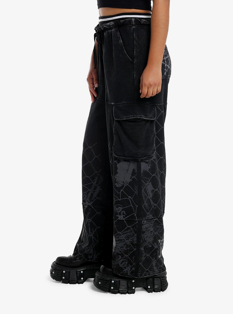 Social Collision Black Skull & Barbed Wire Wide Leg Girls Lounge Pants