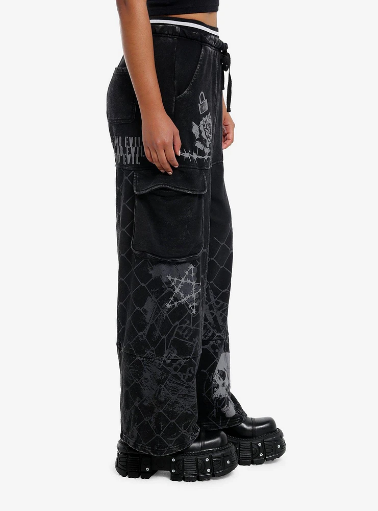 Social Collision Black Skull & Barbed Wire Wide Leg Girls Lounge Pants