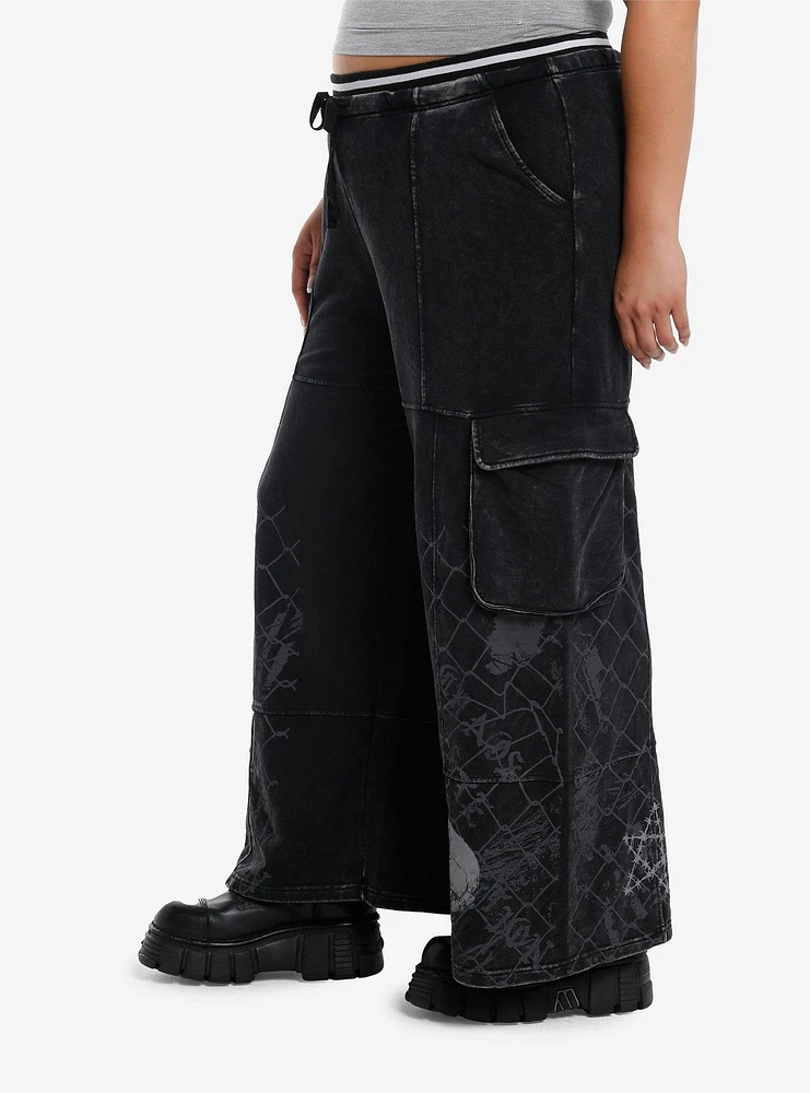 Social Collision Black Skull & Barbed Wire Wide Leg Girls Lounge Pants Plus