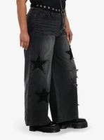 Black Wash Star Patch Wide Leg Jeans Plus