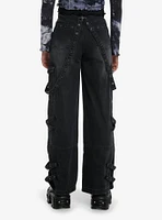 Black Wash Grommets & Straps Wide Leg Jeans