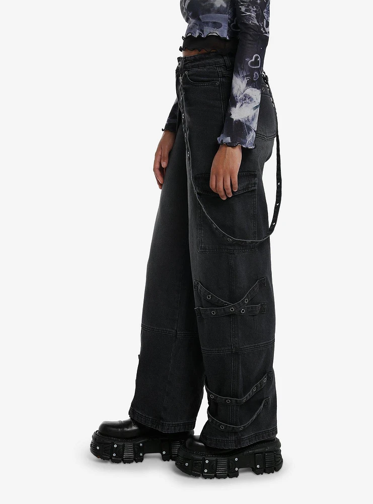 Black Wash Grommets & Straps Wide Leg Jeans