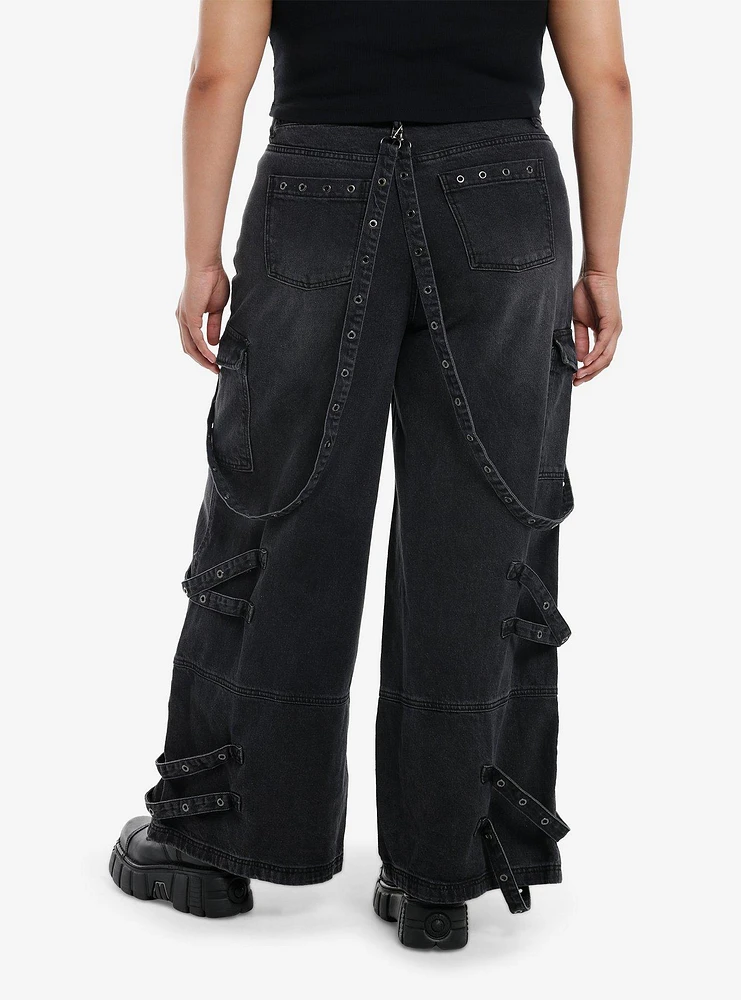 Black Wash Grommets & Straps Wide Leg Jeans Plus