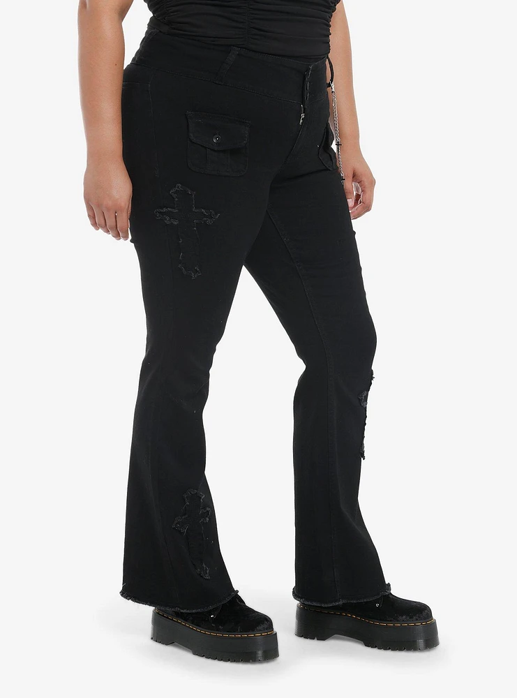 Black Cross Patch Side Chain Flare Pants Plus