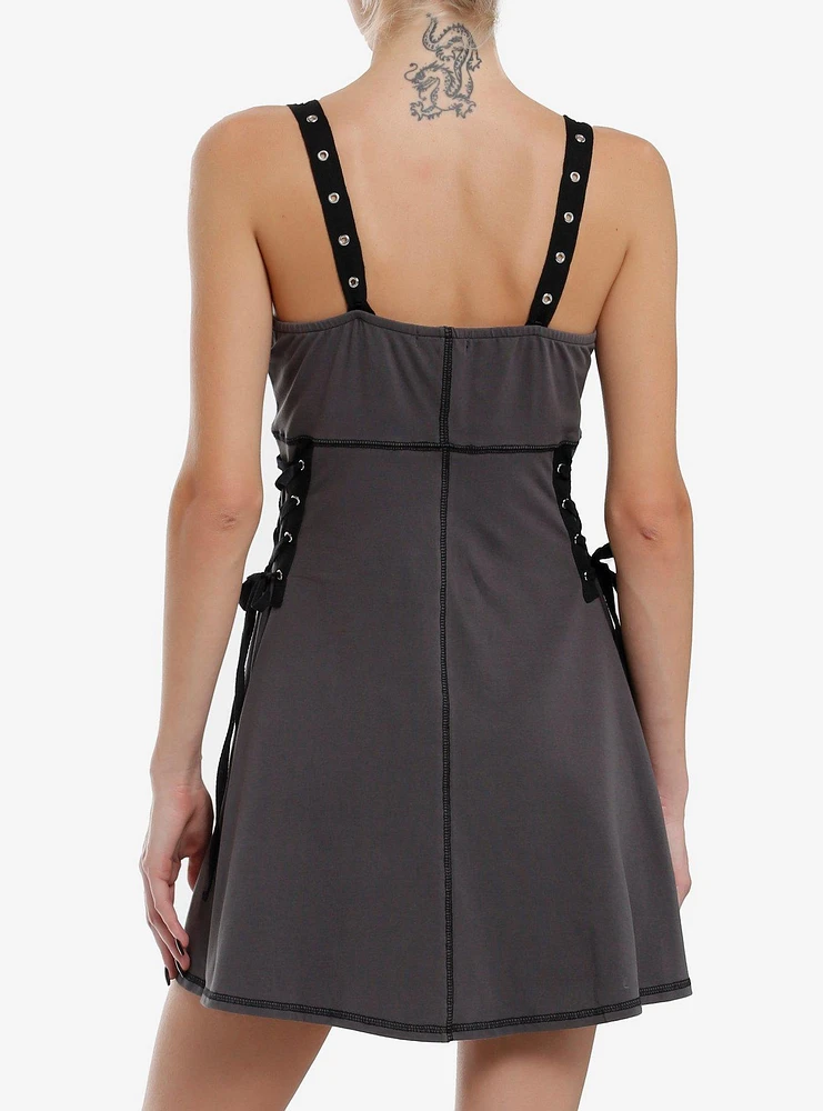 Social Collision Grey Grommet Strap Lace-Up Dress