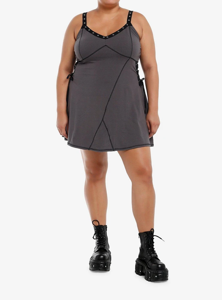 Social Collision Grey Grommet Strap Lace-Up Dress Plus