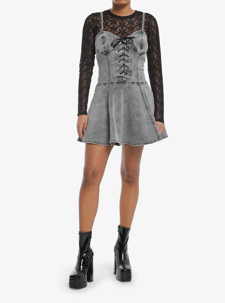 Social Collision Grey Denim & Black Star Mesh Twofer Dress