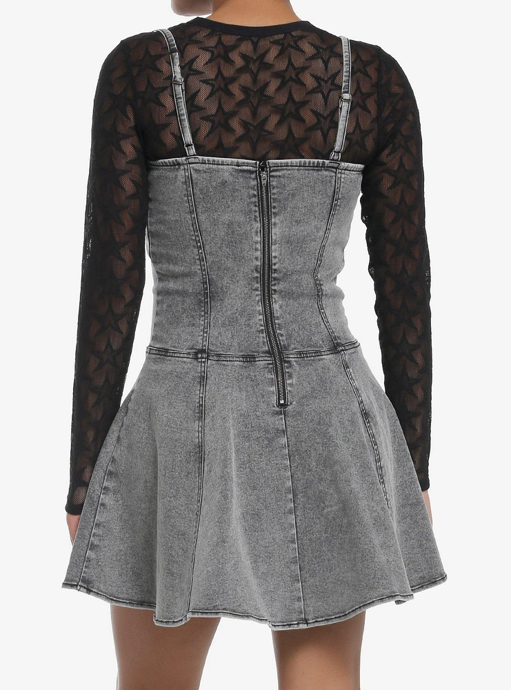 Social Collision Grey Denim & Black Star Mesh Twofer Dress