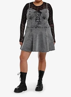 Social Collision Grey Denim & Black Star Mesh Twofer Dress Plus