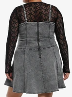 Social Collision Grey Denim & Black Star Mesh Twofer Dress Plus