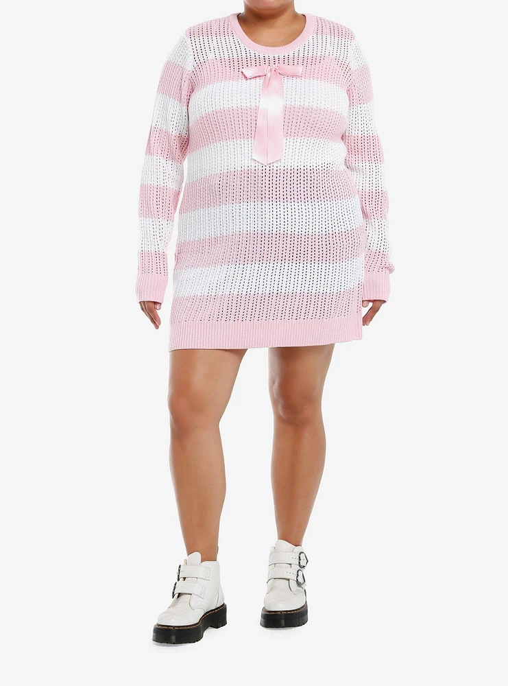 Sweet Society Pink & White Stripe Bow Knit Sweater Dress Plus