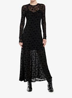 Cosmic Aura Flocked Cross Mesh Long-Sleeve Maxi Dress