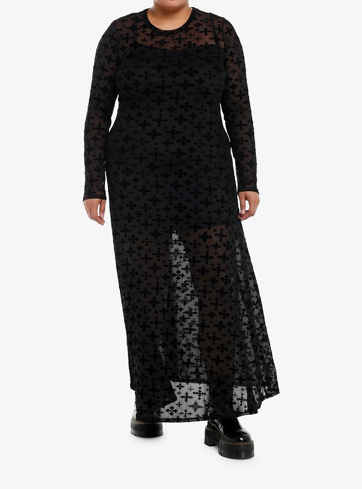 Cosmic Aura Flocked Cross Mesh Long-Sleeve Maxi Dress Plus