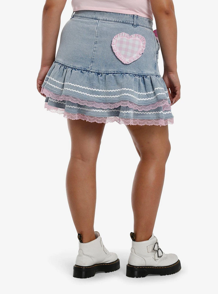 Sweet Society Light Blue Denim Pink Bow Ruffle Mini Skirt Plus