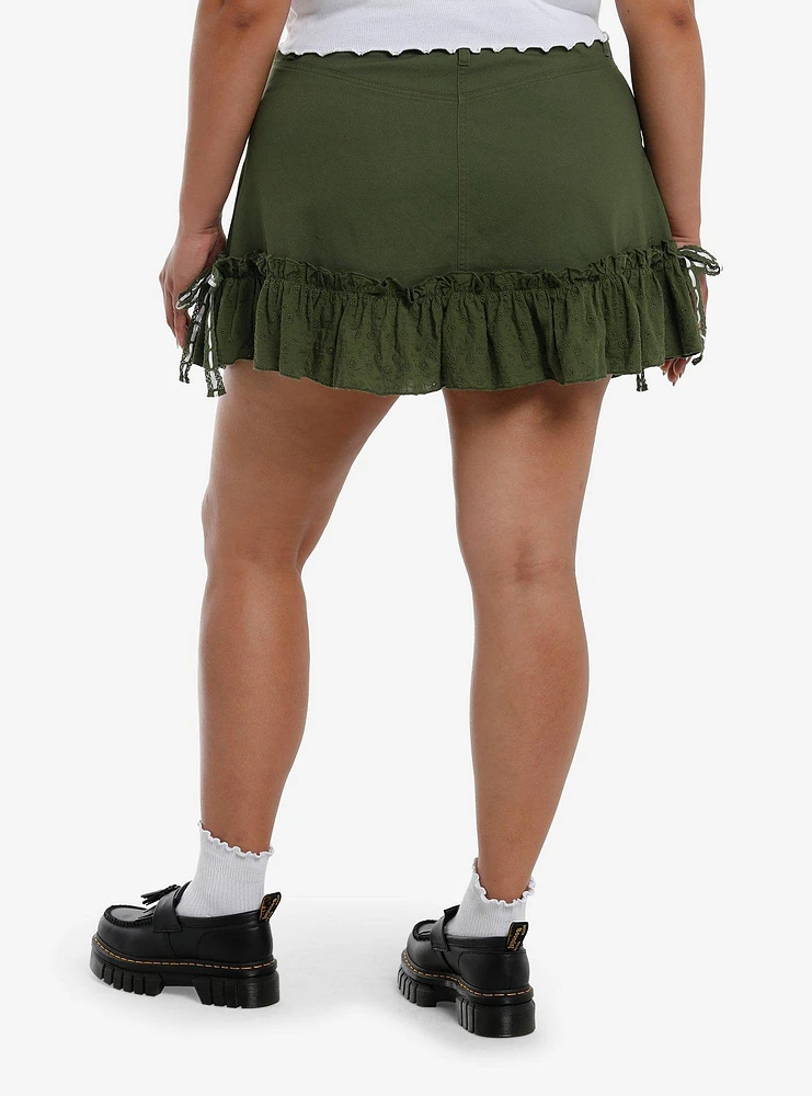 Thorn & Fable Olive Green Eyelet Ruffle Mini Skirt Plus