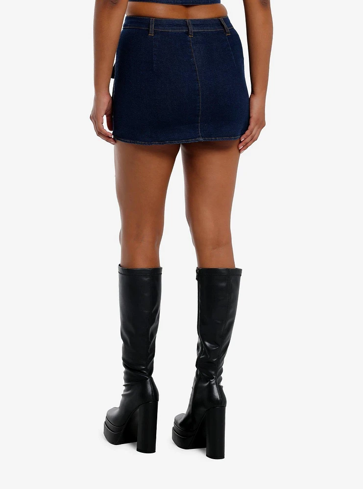 Social Collision Dark Indigo Grommet Strap Denim Skirt