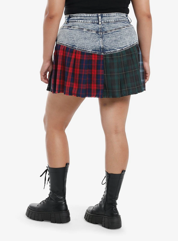 Social Collision Mixed Plaid Split Pleated Skirt Plus