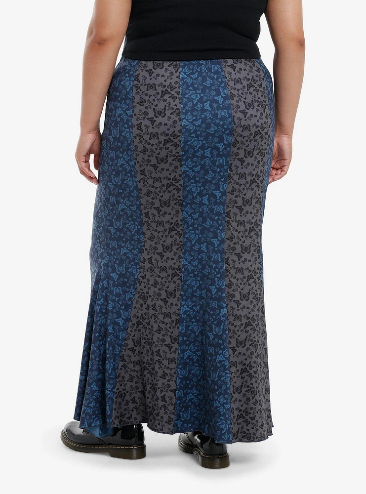 Thorn & Fable Black Blue Butterfly Stripe Mermaid Maxi Skirt Plus