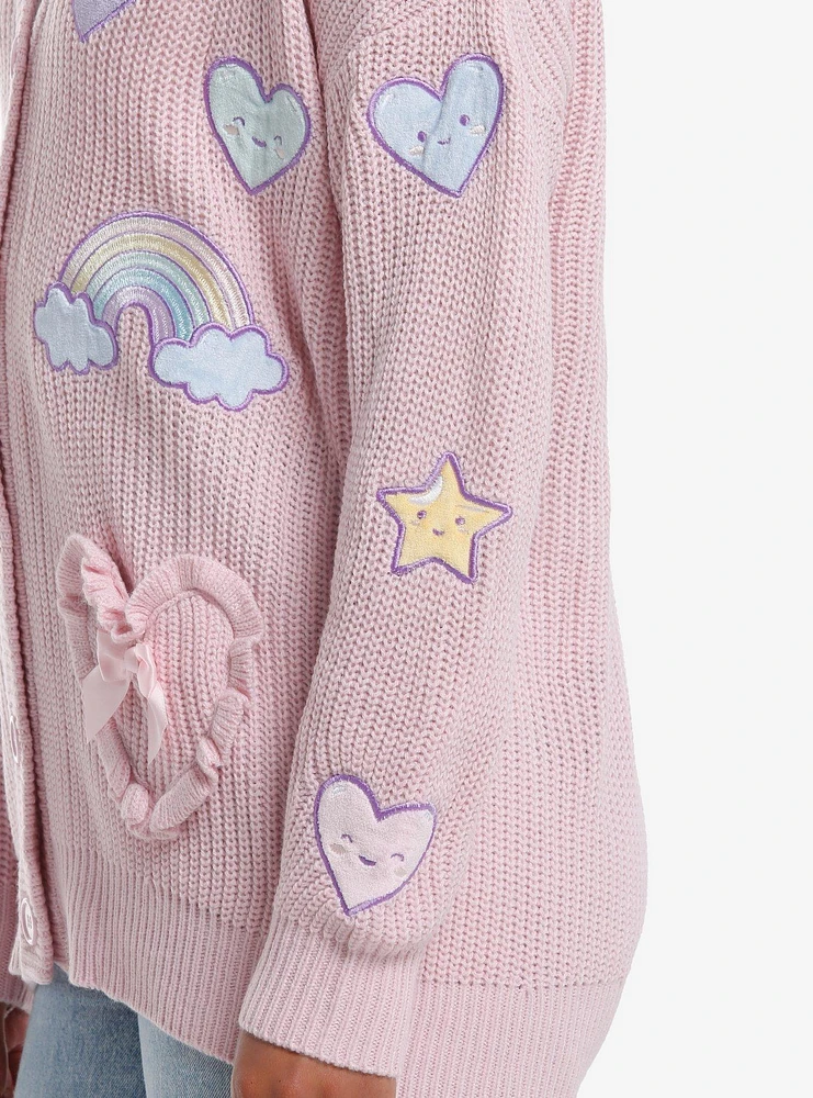 Sweet Society Rainbow Hearts & Star Patch Pastel Pink Girls Cardigan