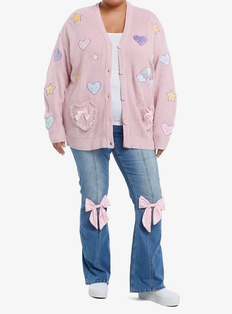 Sweet Society Rainbow Hearts & Star Patch Pastel Pink Girls Cardigan Plus