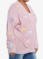 Sweet Society Rainbow Hearts & Star Patch Pastel Pink Girls Cardigan Plus