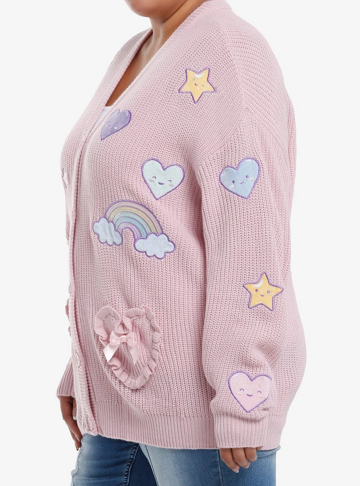 Sweet Society Rainbow Hearts & Star Patch Pastel Pink Girls Cardigan Plus