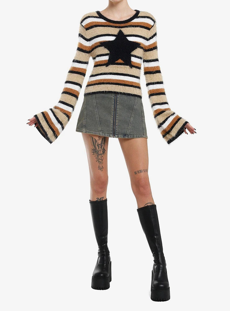 Social Collision Star Stripe Fuzzy Girls Crop Sweater