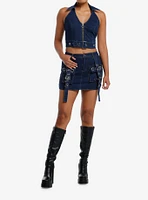 Dark Indigo Grommet Buckle Strap Denim Girls Halter Top