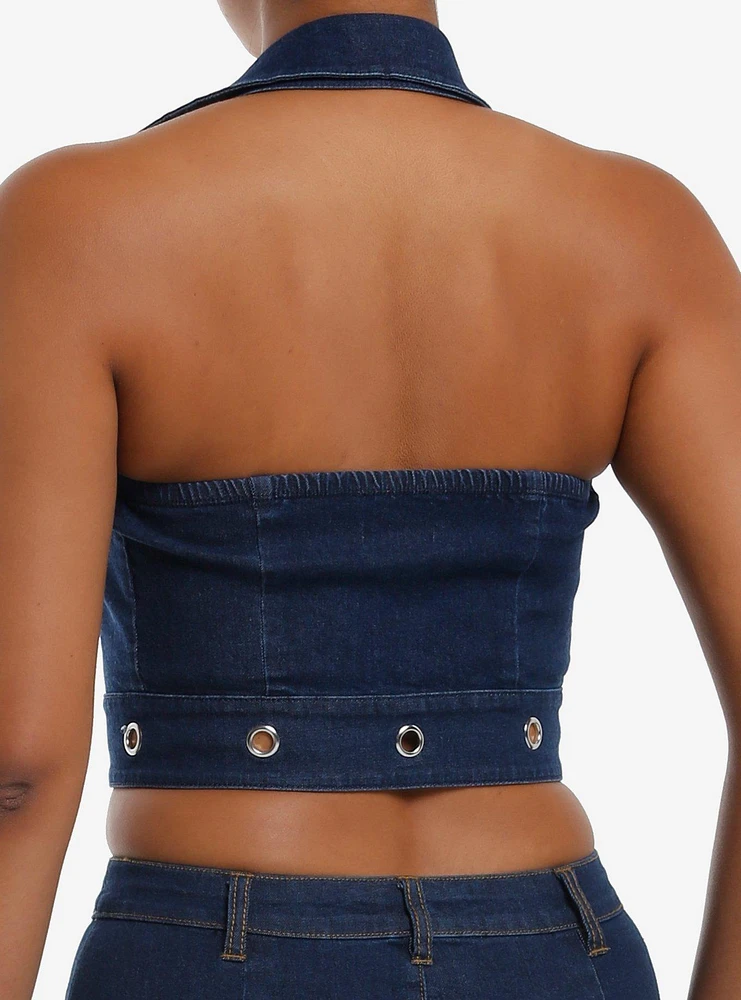 Dark Indigo Grommet Buckle Strap Denim Girls Halter Top