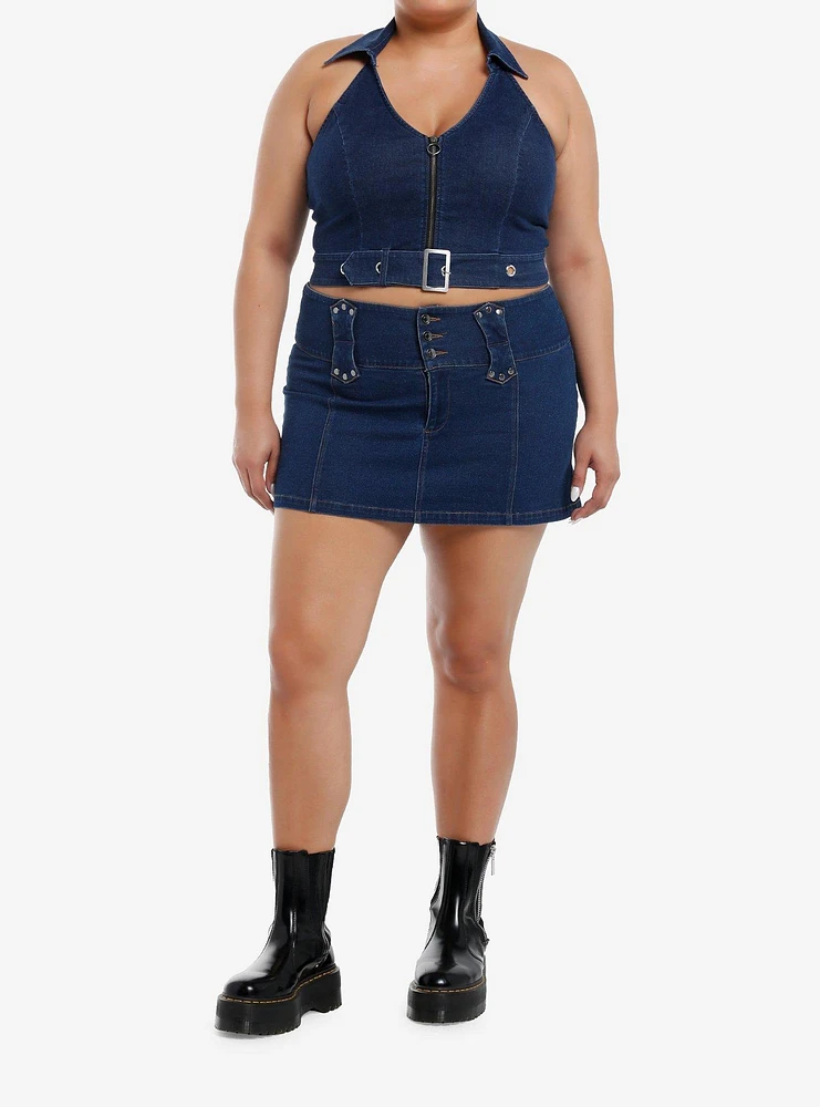 Dark Indigo Grommet Buckle Strap Denim Girls Halter Top Plus