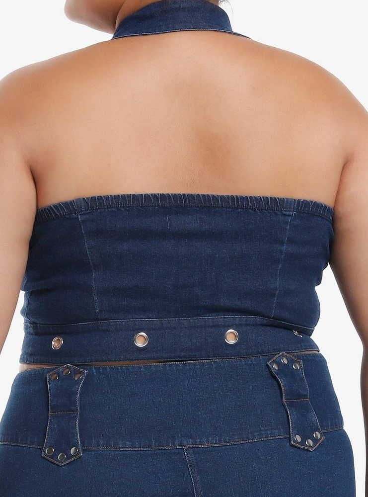 Dark Indigo Grommet Buckle Strap Denim Girls Halter Top Plus