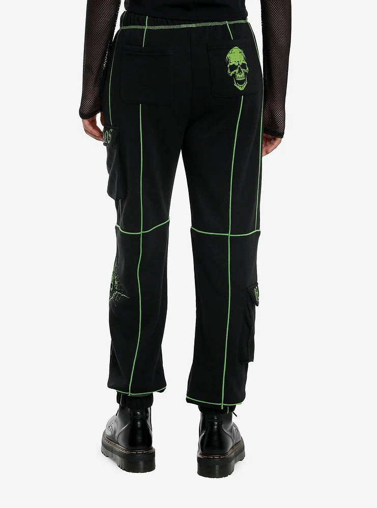 Social Collision Black & Green Skull Cargo Girls Jogger Sweatpants