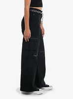 Black Zipper Cargo Wide Leg Pants With Belt