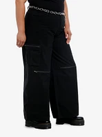 Black Zipper Cargo Wide Leg Pants With Belt Plus