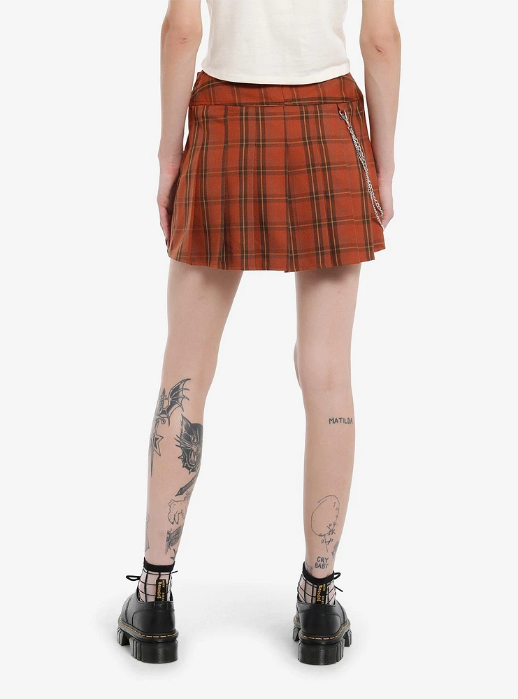 Thorn & Fable Orange Plaid Side Chain Belted Skirt